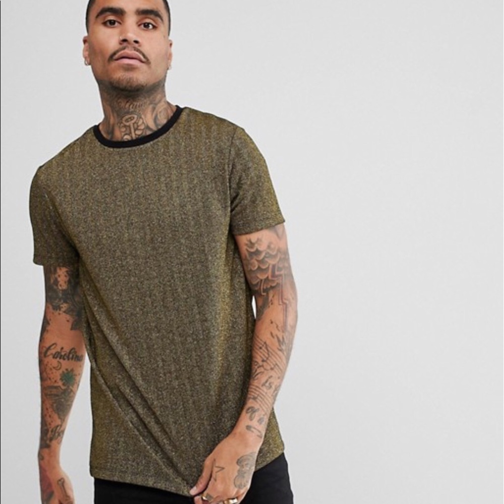 ASOS longline T-shirt in gold metallic. Medium